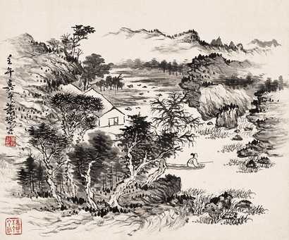 萧愻 壬午（1942年）作 山溪钓艇 镜心